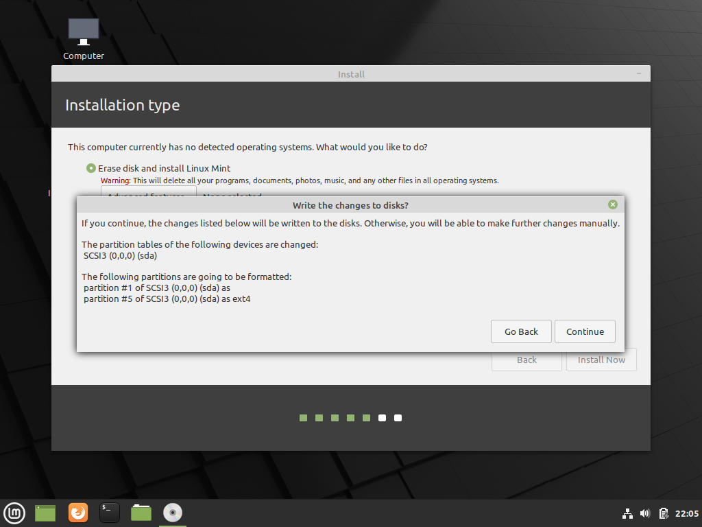 Confirm wiping hard drive to install linux mint