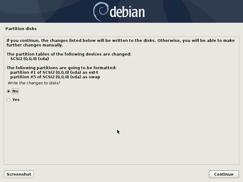 debian confirm writing partitions